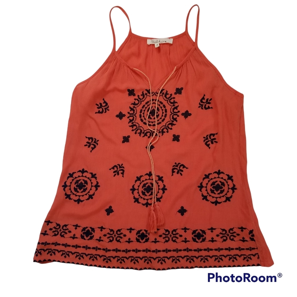 Solitaire Tank Top Women Small‎ Embroidered Sleeveless Strappy Shoulder Boho